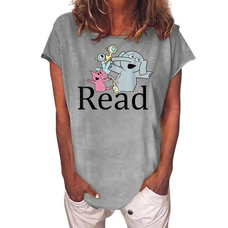 Funny Read Book Club Piggie Elephant Pigeons Teacher Women's Loosen Crew Neck Short Sleeve T-Shirt
