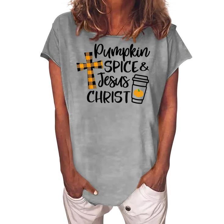 Hello Fall Pumpkin Spice & Jesus Christ Fall Christian Gift Women's Loosen Crew Neck Short Sleeve T-Shirt