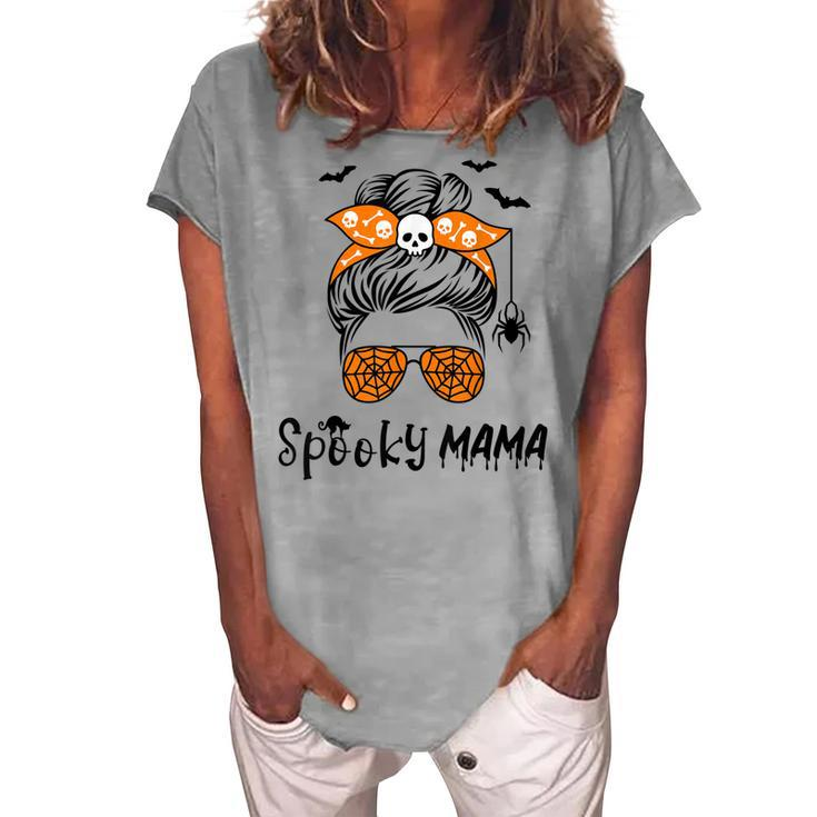 Messy Bun Spooky Mama Mom Halloween Costume Skull Women's Loosen T-shirt
