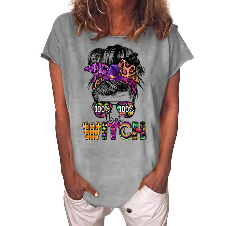 100 That Witch Halloween Costume Messy Bun Skull Witch Girl Women's Loosen T-shirt