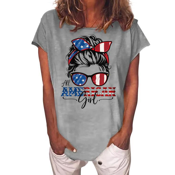 All American Girl 4Th Of July Women Messy Bun Usa Flag V2 Women's Loosen T-shirt