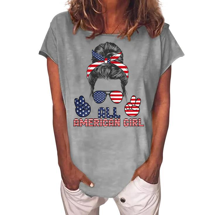 All American Girl Messy Bun American Flag 4Th Of July V2 Women's Loosen T-shirt