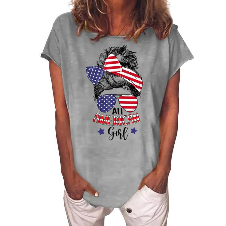 All American Girl Messy Bun Usa Flag Patriotic 4Th Of July V2 Women's Loosen T-shirt