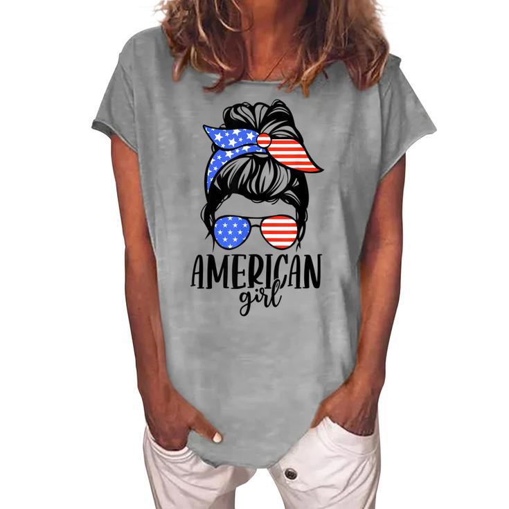 American Girl Messy Hair Bun Usa Flag Patriotic 4Th Of July Women's Loosen T-shirt