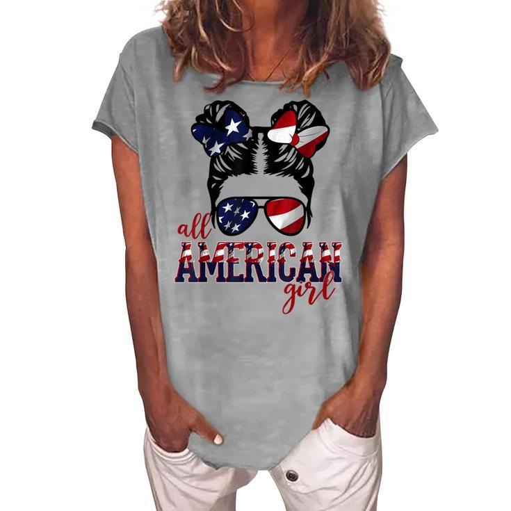 All American Girl Messy Hair Bun Woman Patriotic 4Th Of July V2 Women's Loosen T-shirt