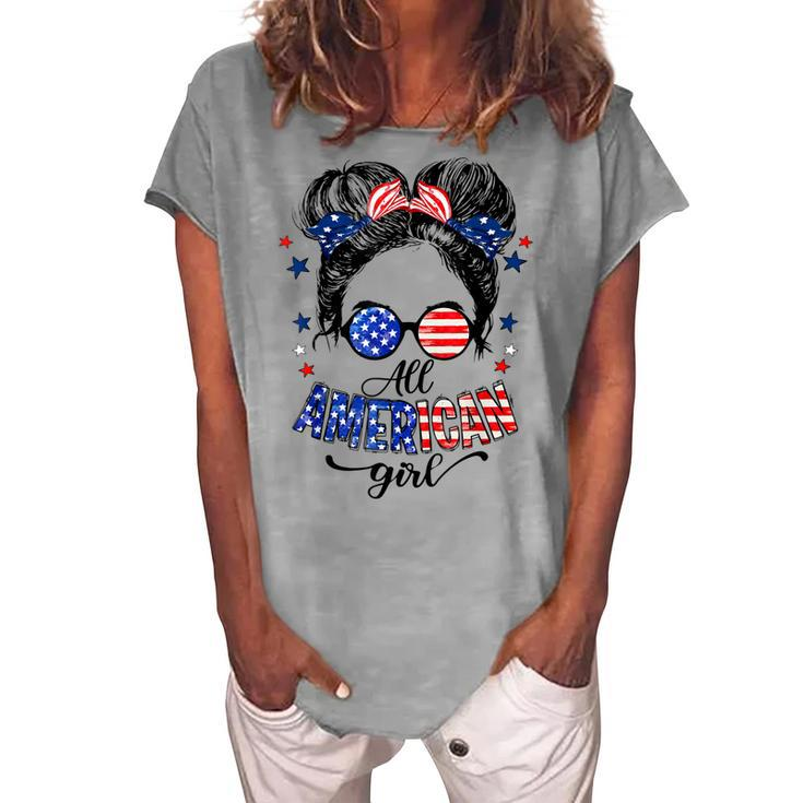 All American Girls 4Th Of July Daughter Messy Bun Usa V4 Women's Loosen T-shirt