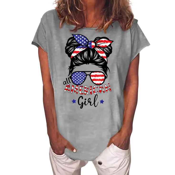 All American Girls 4Th Of July Daughter Messy Bun Usa V5 Women's Loosen T-shirt