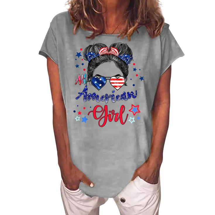 All American Girls 4Th Of July Daughter Messy Bun Usa V7 Women's Loosen T-shirt