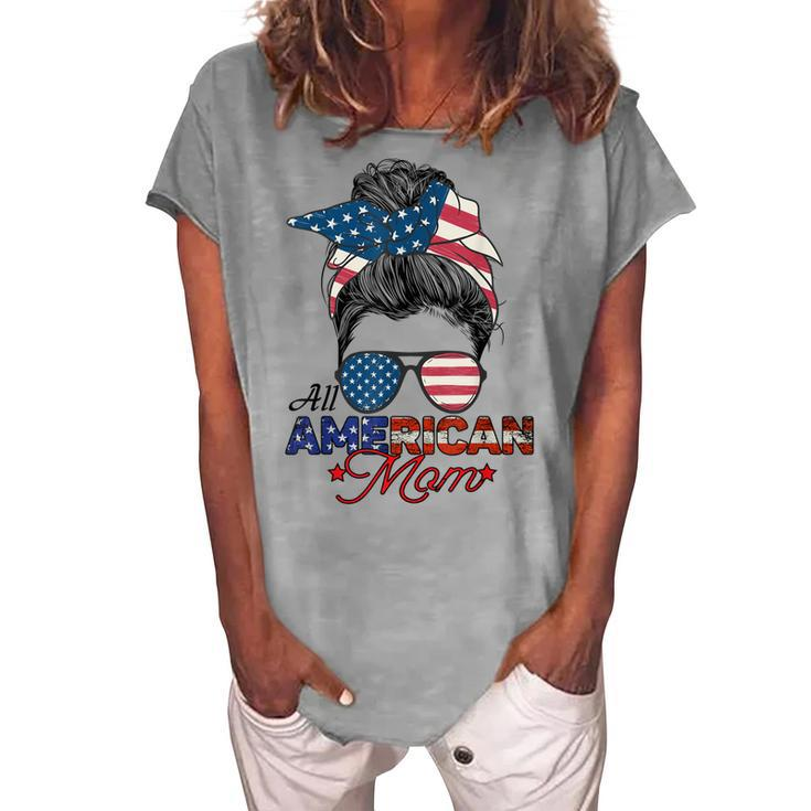 All American Mom 4Th July Messy Bun Us Flag Women's Loosen T-shirt