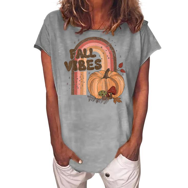 Fall Vibes Retro Rainbow Fall Autumn Pumpkin Hippie  Women's Loosen Crew Neck Short Sleeve T-Shirt