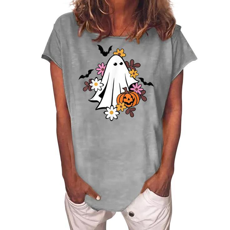 Halloween Ghost Vintage Groovy Trick Or Treat Spooky Vibes  Women's Loosen Crew Neck Short Sleeve T-Shirt