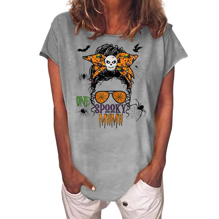 Womens Halloween Messy Bun One Spooky Mama Women's Loosen T-shirt