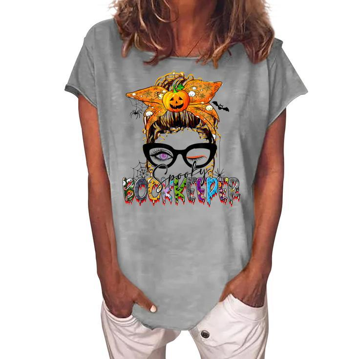 Halloween Spooky Bookkeeper Messy Bun Glasses Accountant Women's Loosen T-shirt