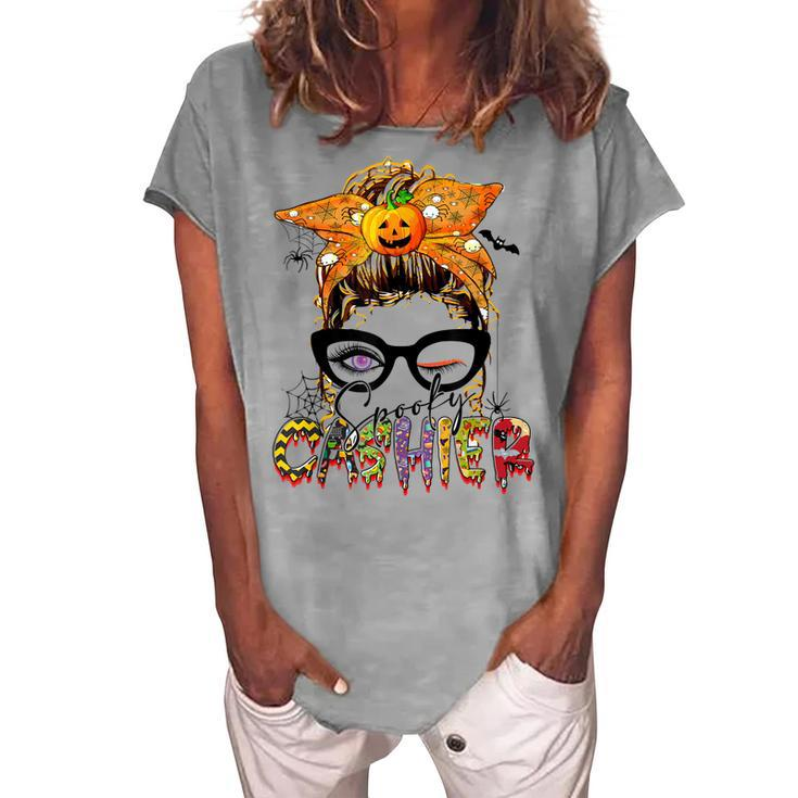 Halloween Spooky Cashier Messy Bun Glasses Spooky Women's Loosen T-shirt