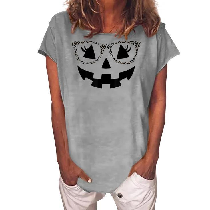 Jack O Lantern Face Pumpkin Halloween Leopard Print Glasses Women's Loosen T-shirt