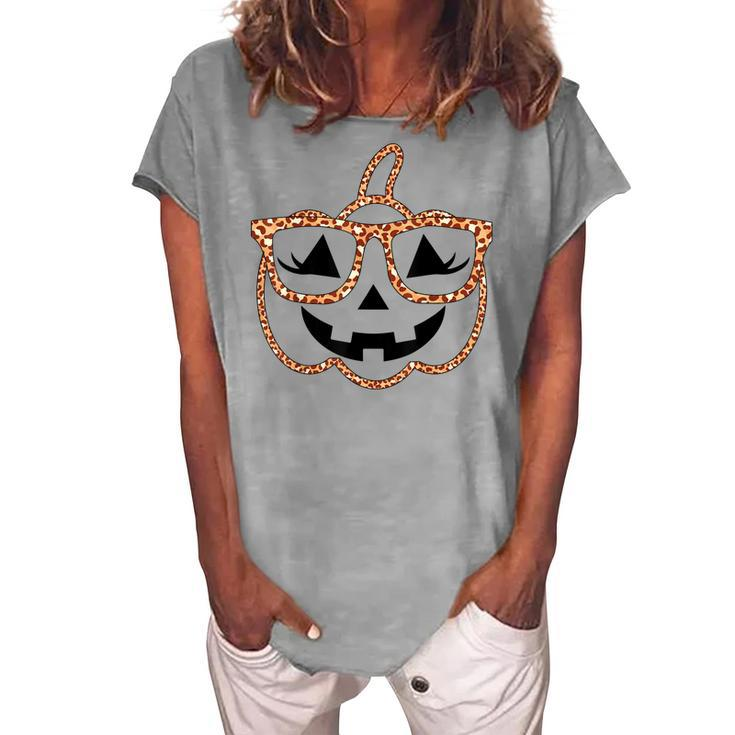 Jack O Lantern Face Pumpkin Halloween Leopard Print Glasses V4 Women's Loosen T-shirt