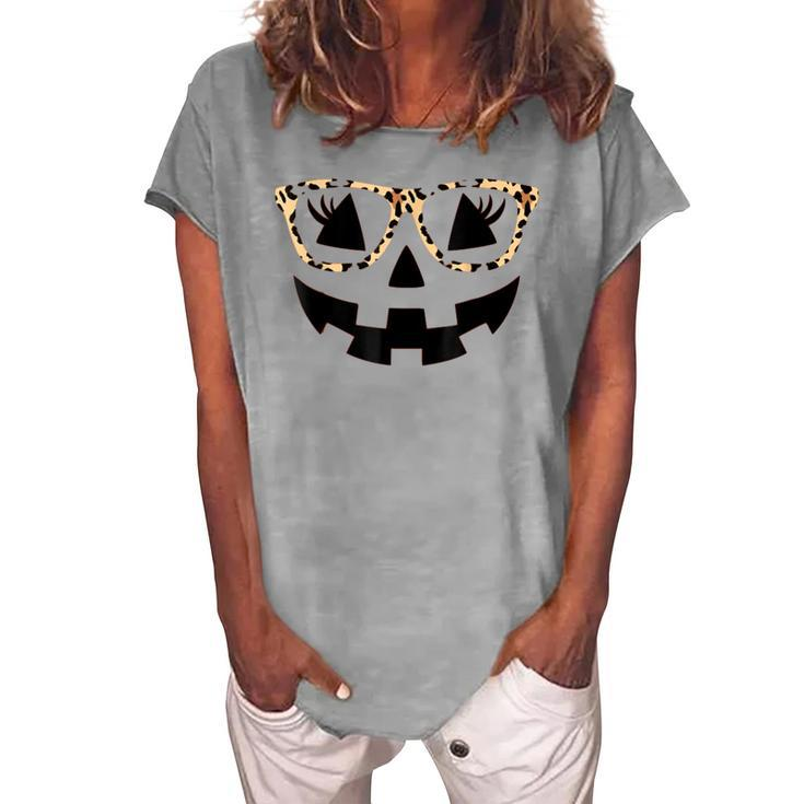 Jack O Lantern Pumpkin Halloween Costume Leopard Glasses Women's Loosen T-shirt