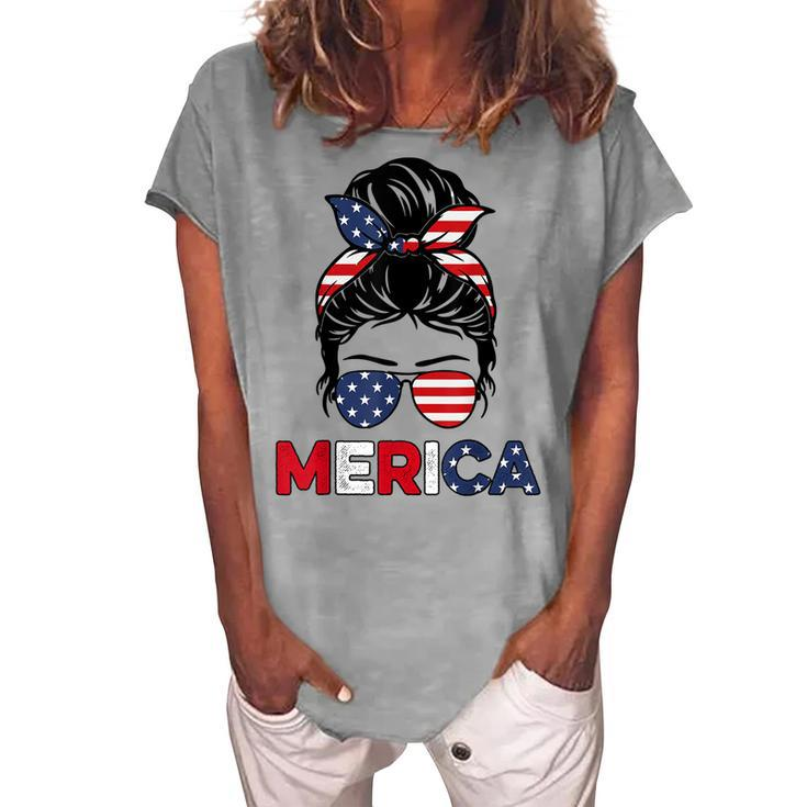 Merica Mom Girl American Flag Messy Bun Hair 4Th Of July Usa V2 Women's Loosen T-shirt
