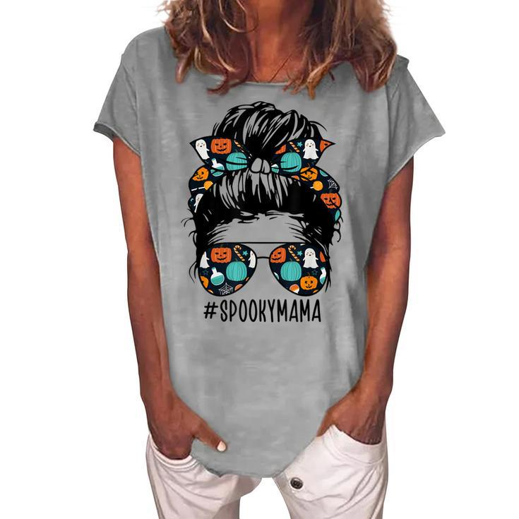 Messy Bun Halloween Ghost Bandana Sunglasses Spooky Mama Women's Loosen T-shirt