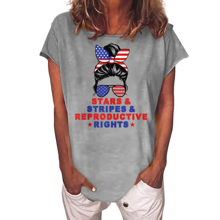 Messy Bun Stars Stripes & Reproductive Rights 4Th Of July Women's Loosen T-shirt