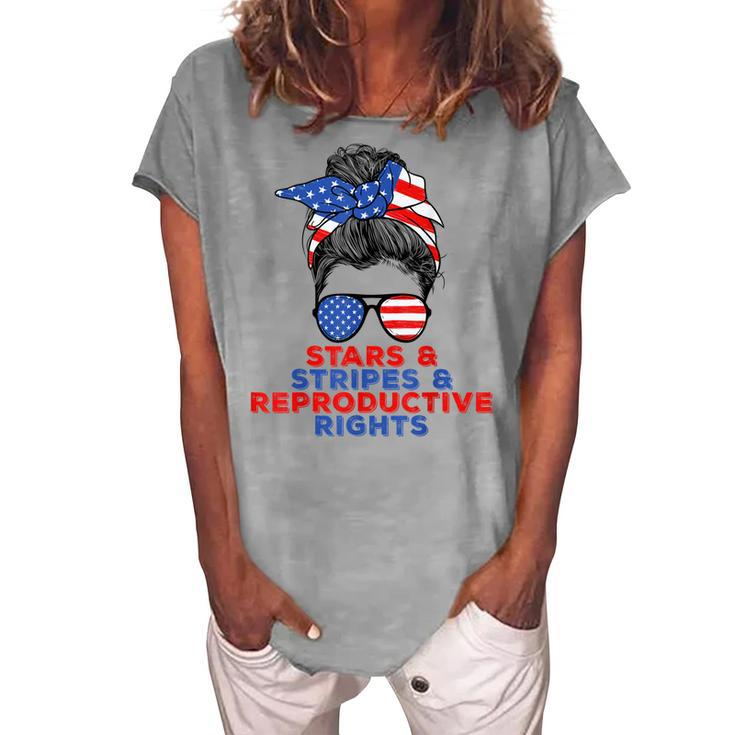 Messy Bun Us Flag Stars Stripes Reproductive Rights  Women's Loosen Crew Neck Short Sleeve T-Shirt