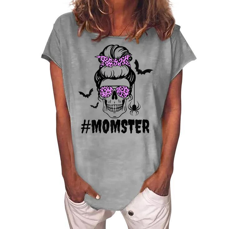 Womens Momster Halloween Costume Skull Mom Messy Bun Women's Loosen T-shirt