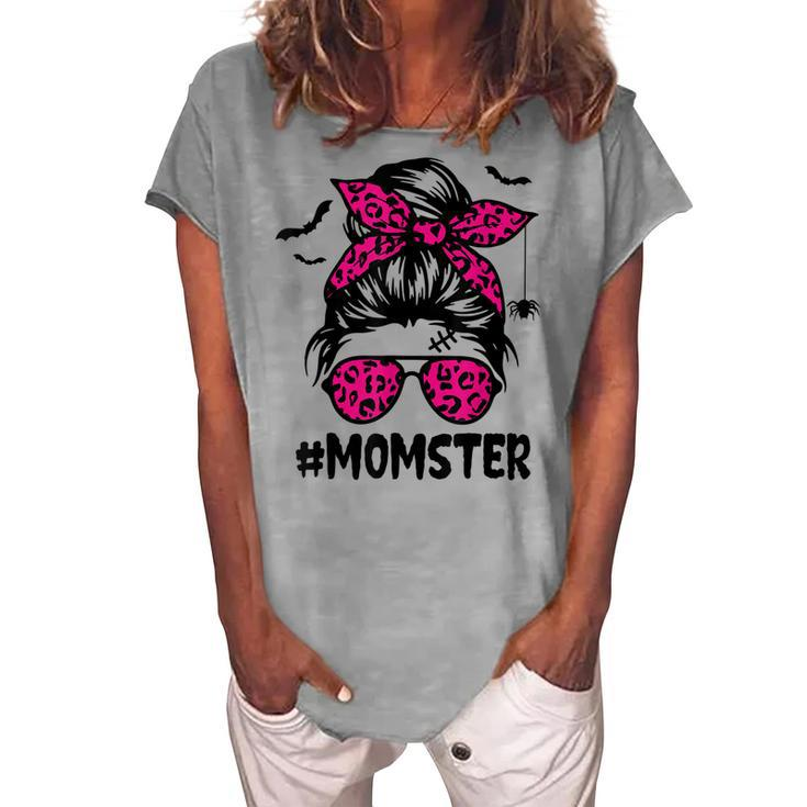 Momster For Women Halloween Mom Messy Bun Leopard Women's Loosen T-shirt