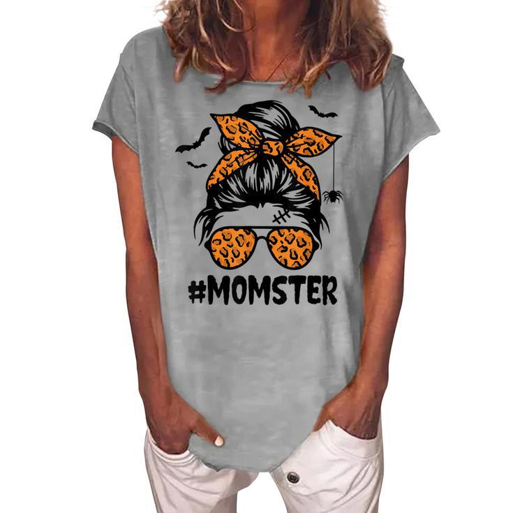 Momster For Women Halloween Mom Messy Bun Leopard Women's Loosen T-shirt