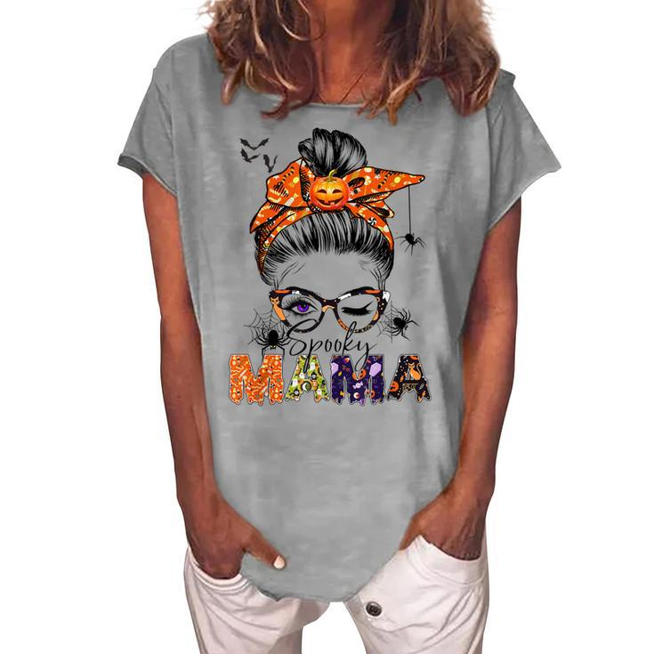 One Spooky Mama For Halloween Messy Bun Mom Monster Bleached V2 Women's Loosen T-shirt