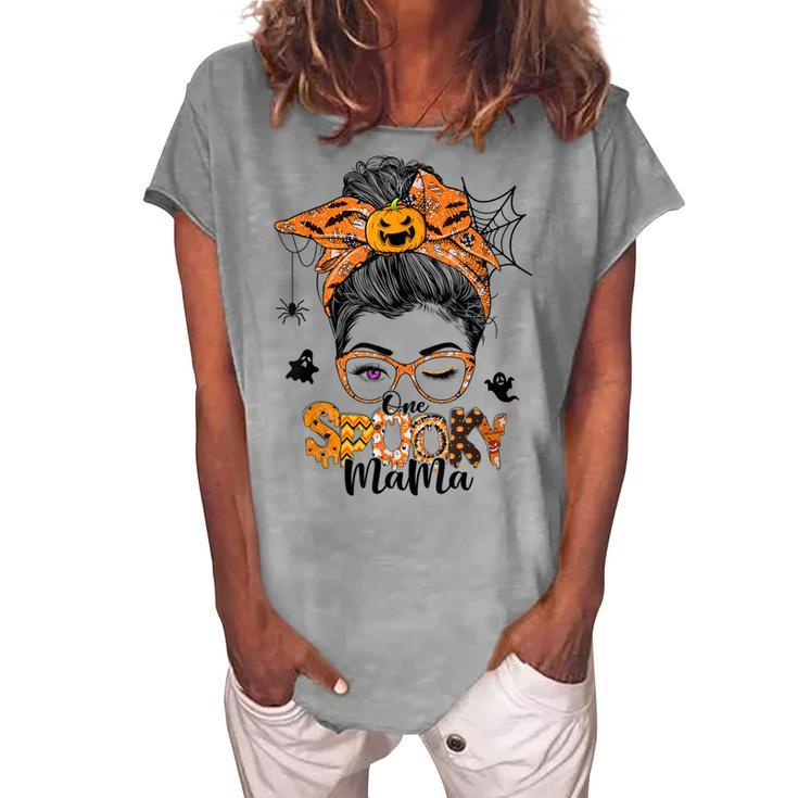 One Spooky Mama For Halloween Messy Bun Mom Monster Bleached V3 Women's Loosen T-shirt