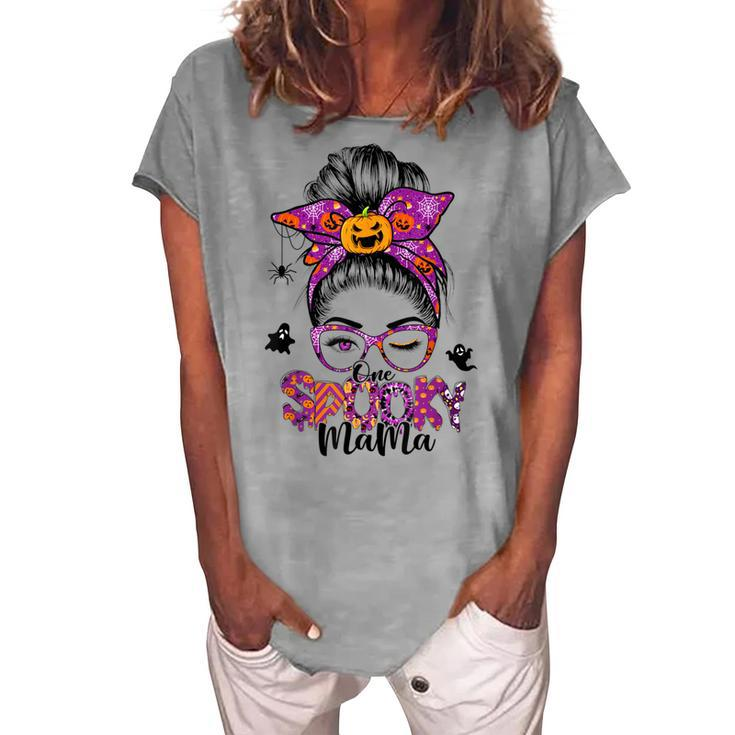 One Spooky Mama For Halloween Messy Bun Mom Monster Bleached V6 Women's Loosen T-shirt
