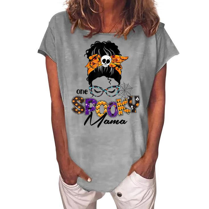 One Spooky Mama Pumpkin Messy Bun Sunglasses Halloween Women Women's Loosen T-shirt