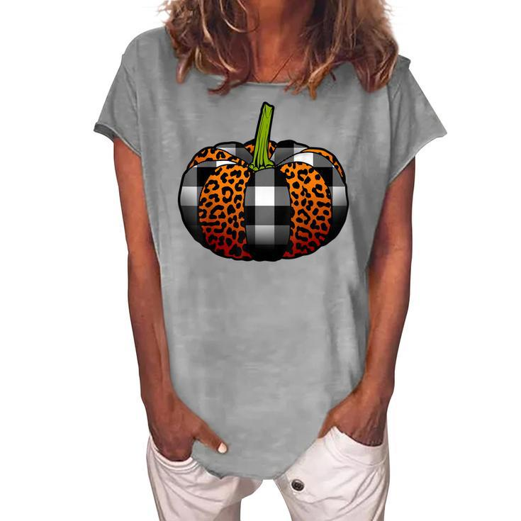 Plaid Pumpkin Leopard Buffalo Check Pumpkin Fall Halloween Women's Loosen T-shirt