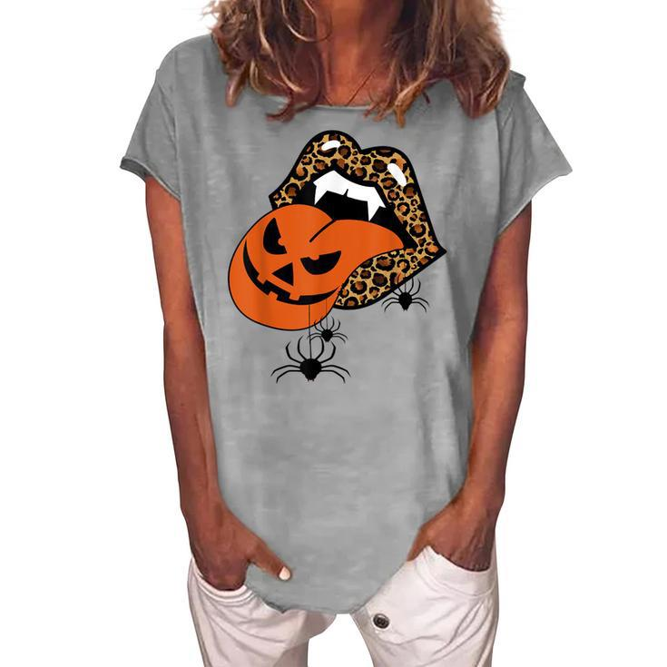 Pumpkin Tongue Out Vampire Leopard Lips Spider Halloween Women's Loosen T-shirt