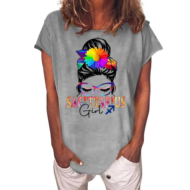 Sagittarius Girl Birthday Messy Bun Hair Colorful Floral Women's Loosen T-shirt
