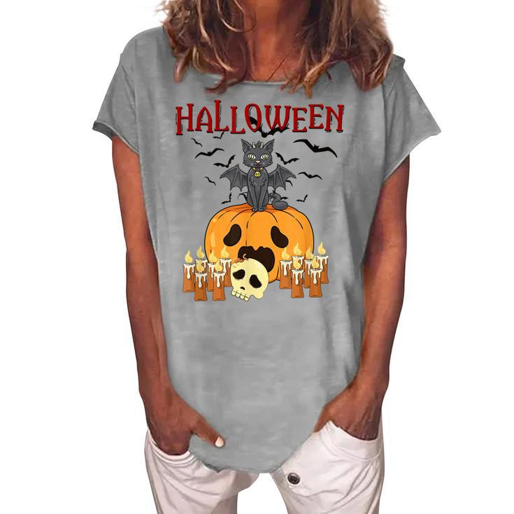 Scary Pumpkin And Vampire Bat Cat Halloween Trick Or Treat Women's Loosen T-shirt