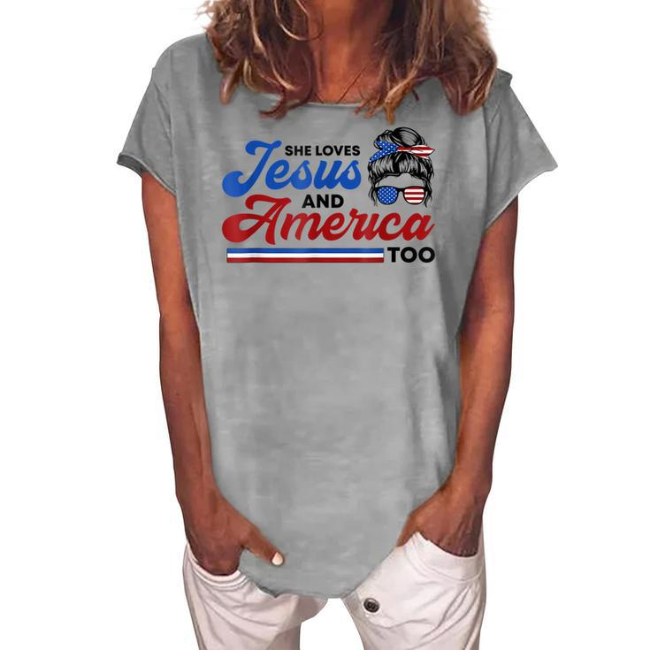 She Loves Jesus And America Too 4Th Of July Proud Christians Women's Loosen T-shirt