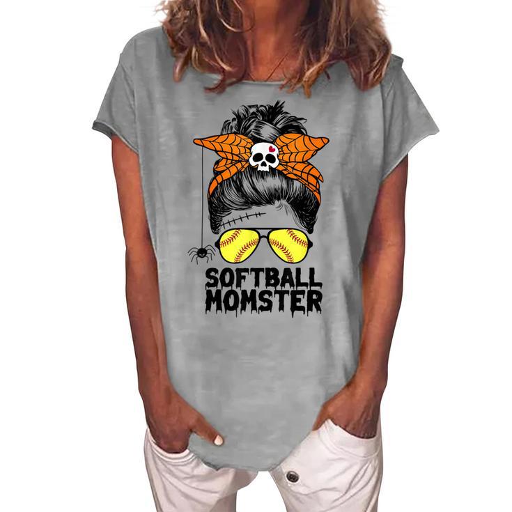 Softball Mom Life Messy Bun Halloween Women Softball Momster Women's Loosen T-shirt