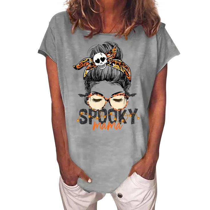 Spooky Mama Halloween Costume Skull Mom Leopard Messy Bun Women's Loosen T-shirt
