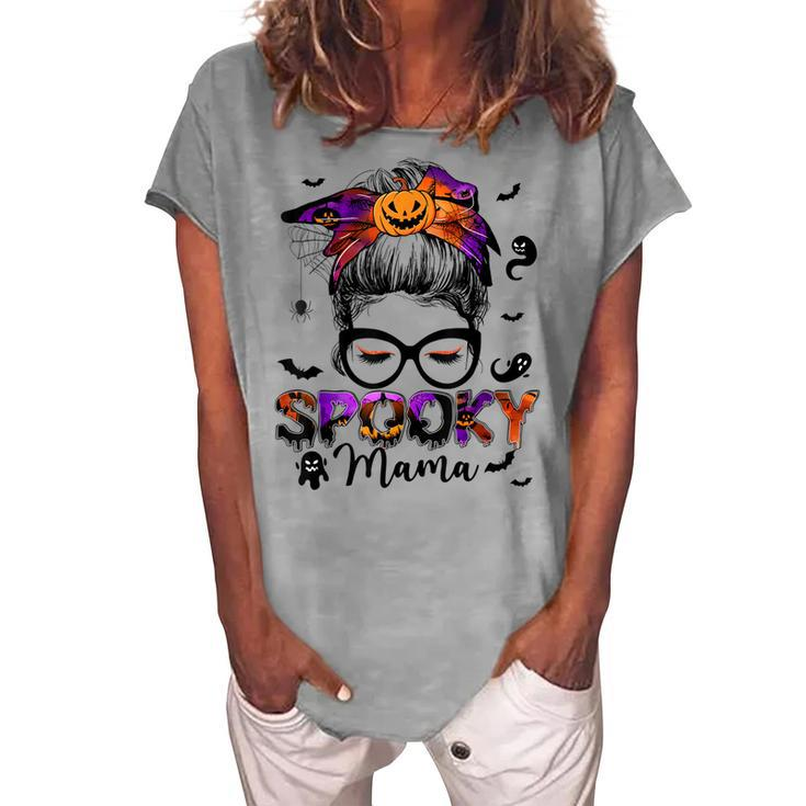Spooky Mama Messy Bun Halloween Jack O Lantern Mom Women's Loosen T-shirt