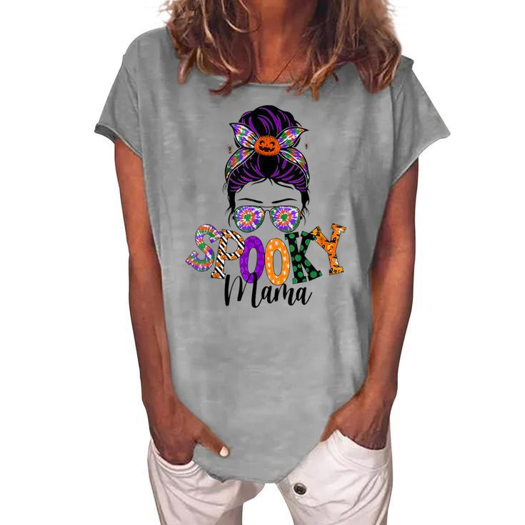 Spooky Mama Messy Bun Skull Mom Monster Bleached Halloween Women's Loosen T-shirt