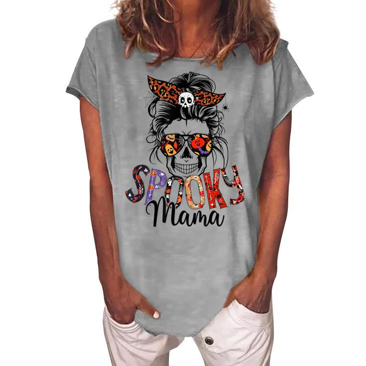 Spooky Mama Skull Halloween Womens Messy Bun Witch Women's Loosen T-shirt