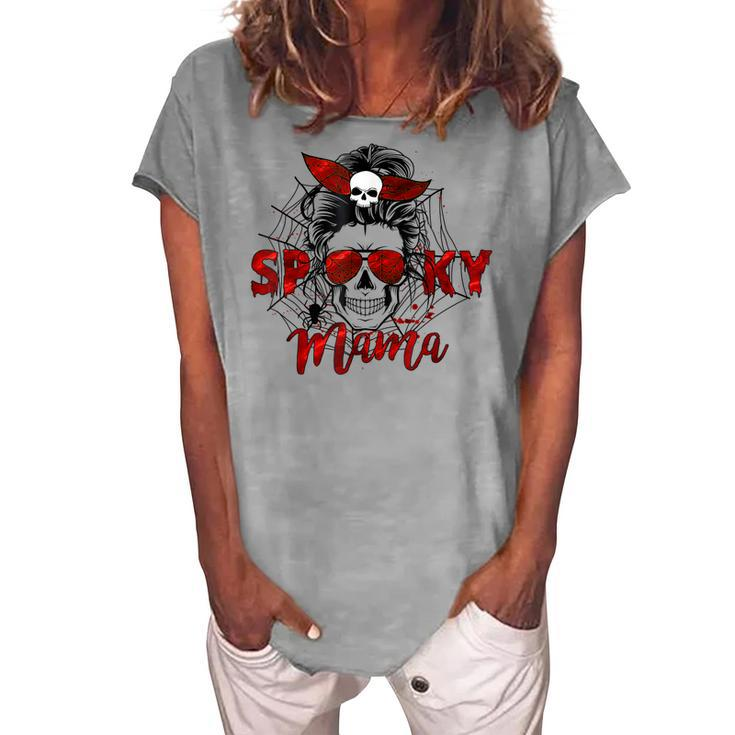 Spooky Mama Skull Witch Women Messy Bun Halloween Costume Women's Loosen T-shirt