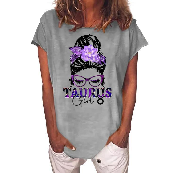 Taurus Girl Birthday Messy Bun Hair Purple Floral Women's Loosen T-shirt