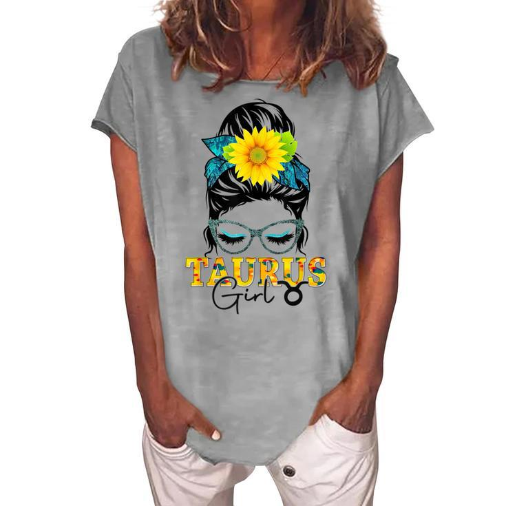 Taurus Girl Birthday Messy Bun Hair Sunflower Women's Loosen T-shirt