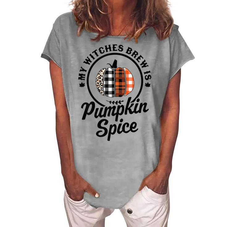Womens My Witches Brew Is Pumpkin Spice Halloween Plaid Leopard Women's Loosen T-shirt