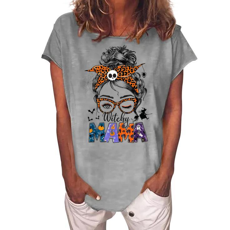 Witchy Mama Halloween Messy Bun Skull Witch Mom Women Spooky Women's Loosen T-shirt