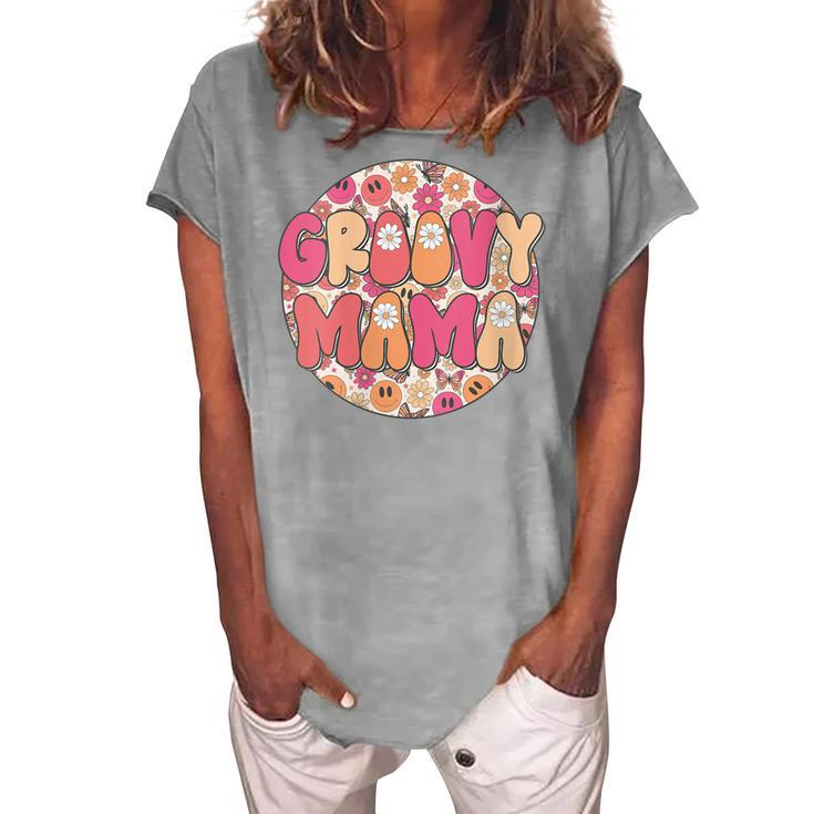 Womens Groovy Mama Hippie Retro Daisy Flower Smile Face  Women's Loosen Crew Neck Short Sleeve T-Shirt