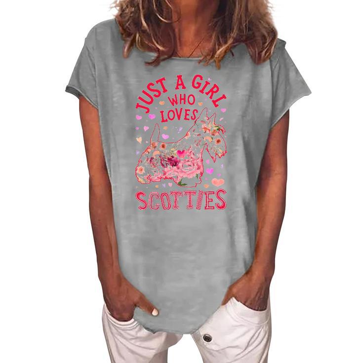Scottie Scottish Terrier Just A Girl Who Loves Dog Flower Women's Loosen Crew Neck Short Sleeve T-Shirt