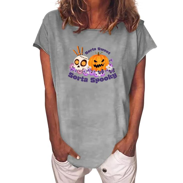 Sorta Sweet Sorta Spooky Halloween Pumpkin Skull Women's Loosen T-shirt